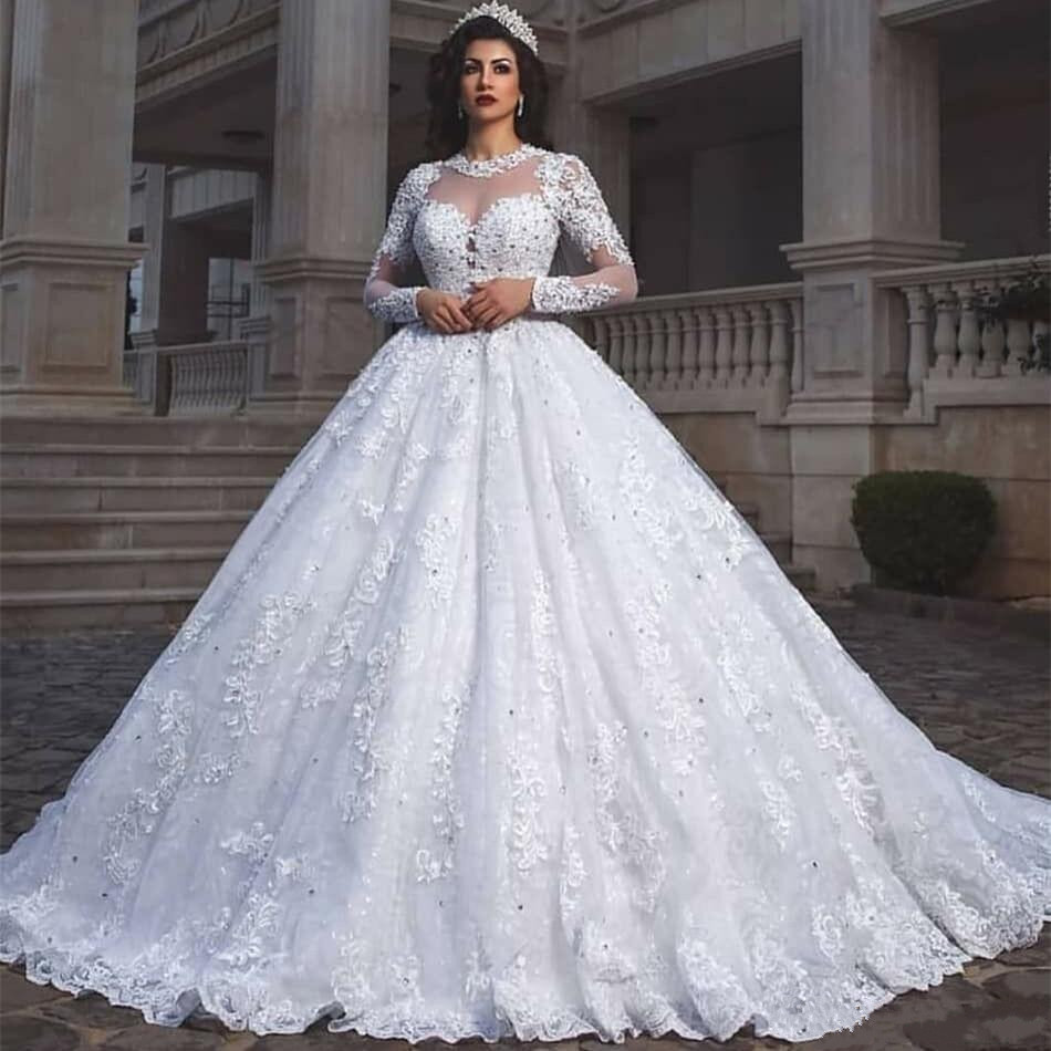 Luxury Dubai Arabic Plus Size Wedding Dresses Long Sleeves Lace Applique Illusion Jewel Neck Beads Bridal Gowns robe de mariée