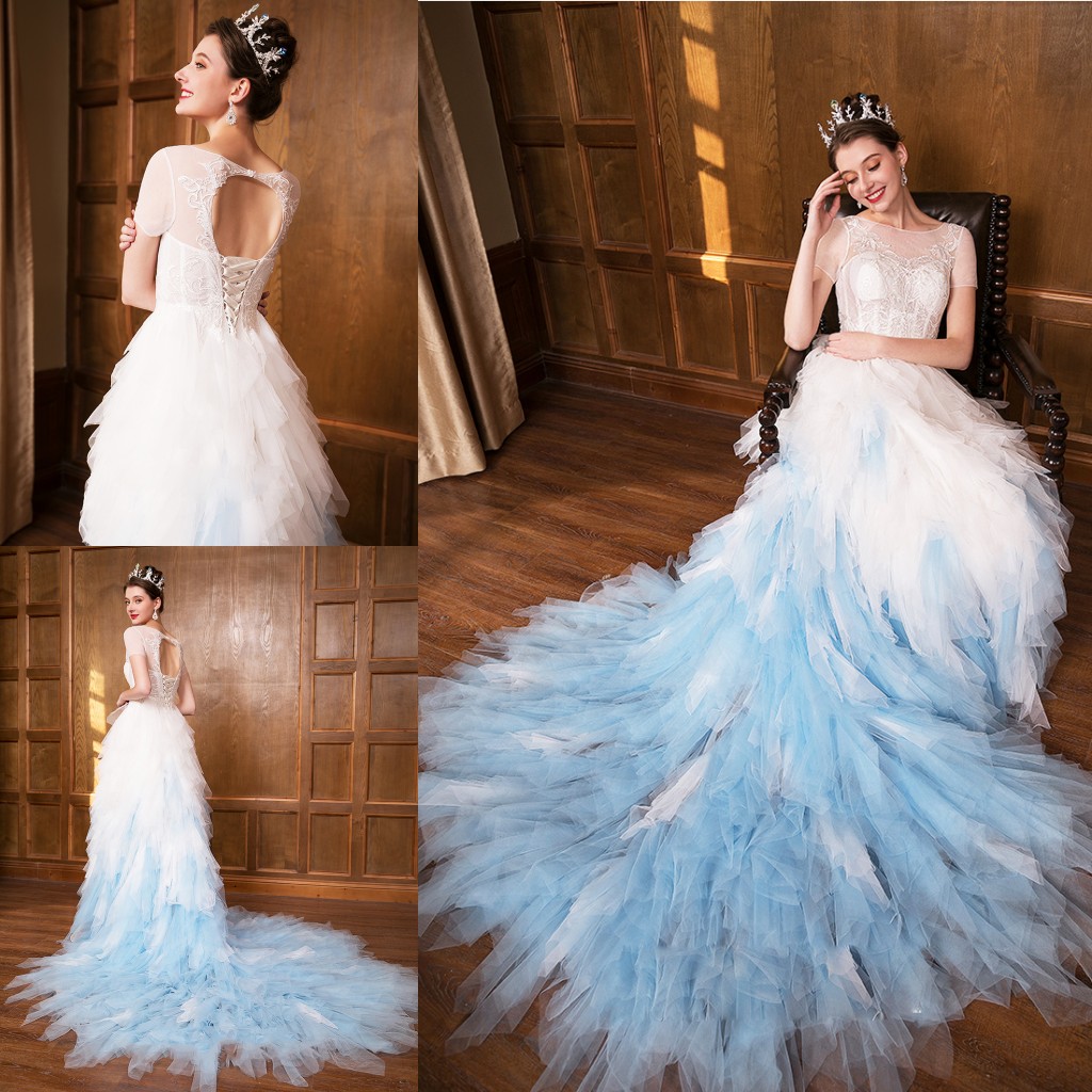 2018 Fashion Gradient Color Wedding Dress Sheer Jewel Neck Illusion Hollow Back Tiered Skirts Bridal Gowns Garden Wedding Dresses