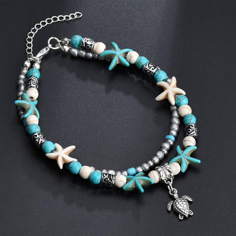 Trendy Barefoot Sandals Summer Beach Anklets for Women Vintage Turquoise Beads Chain Elephant Starfish Charm Anklet Bracelet Foot Jewelry