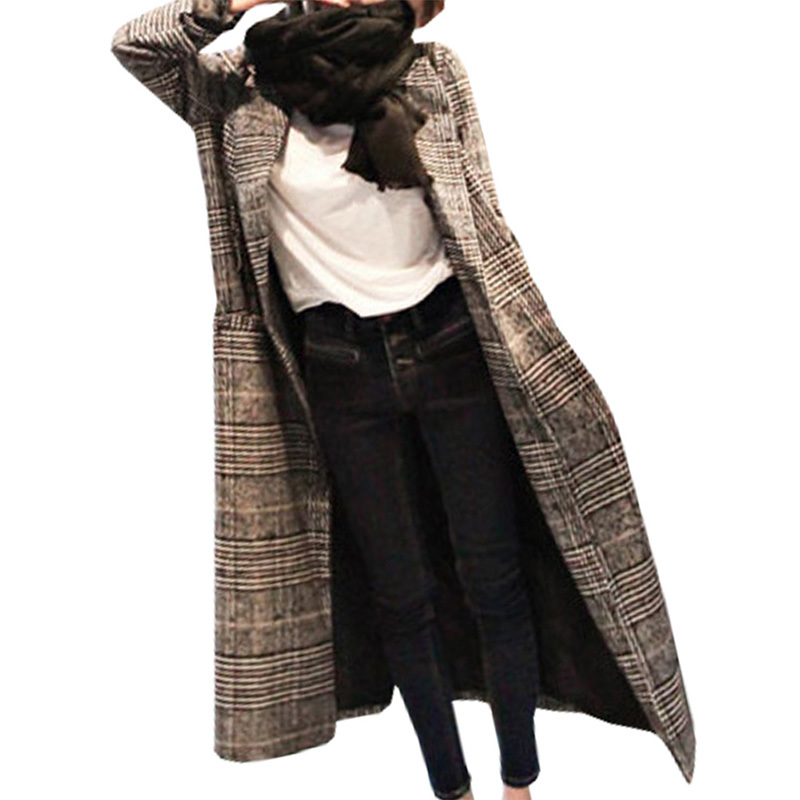 Women plaid long coat long sleeve woollen overcoat loose outwear female winter autumn trench coats plus size C18110601