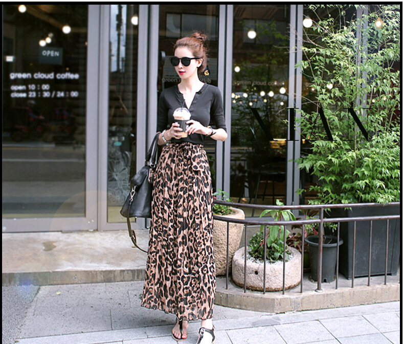 TingYiLi Summer Women Long Leopard Print Skirt Elastic High Waist Chiffon Pleated Slim Fit Casual Maxi Skirt