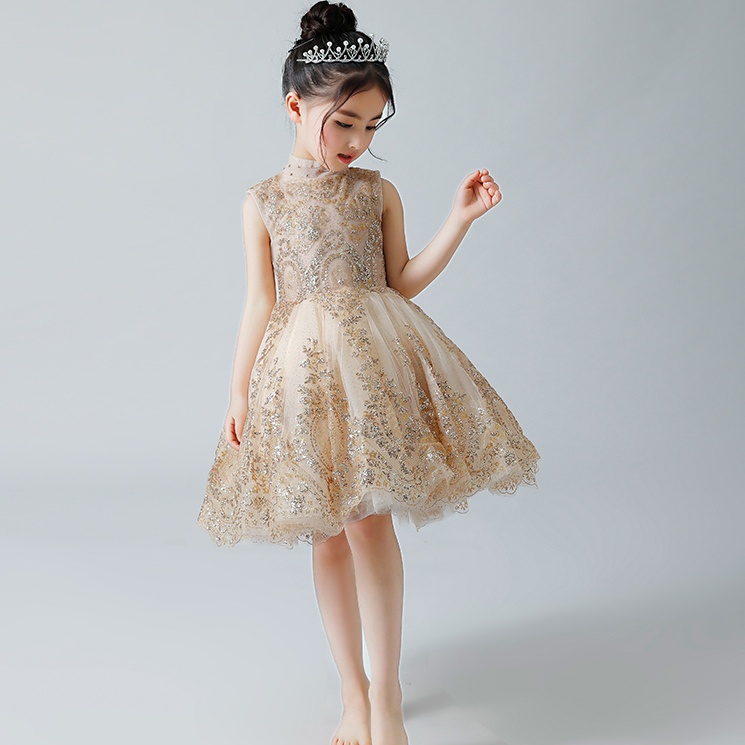 Sparkly Gold Sequined wer Girls Dresses For Weddings Beaded Short Toddler Pageant Gowns High Neck Knee Length Tulle Kids Prom Dress