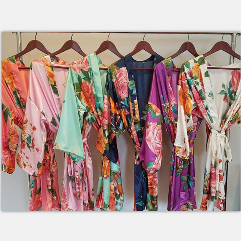 Fashion Silk Satin Short Kimono Robe Wedding Bride Bridesmaid Night Robe Floral Bathrobe Female Dressing Gown For Women
