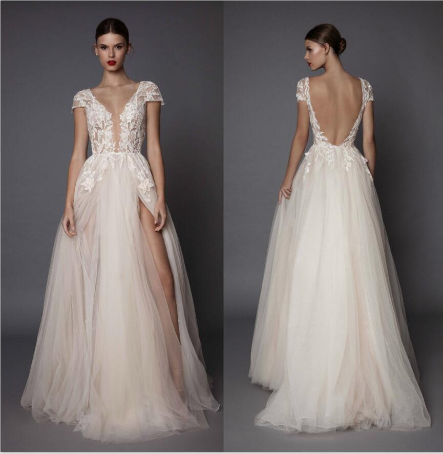 Berta Bridal Lace Plunging Neckline Wedding Dresses With Cap Sleeves Flow Skirt Side Slit Vestido De Casamento, Silver
Berta Bridal Lace Plunging Neckline Wedding Dresses With Cap Sleeves Flow Skirt Side Slit Vestido De Casamento, Silver