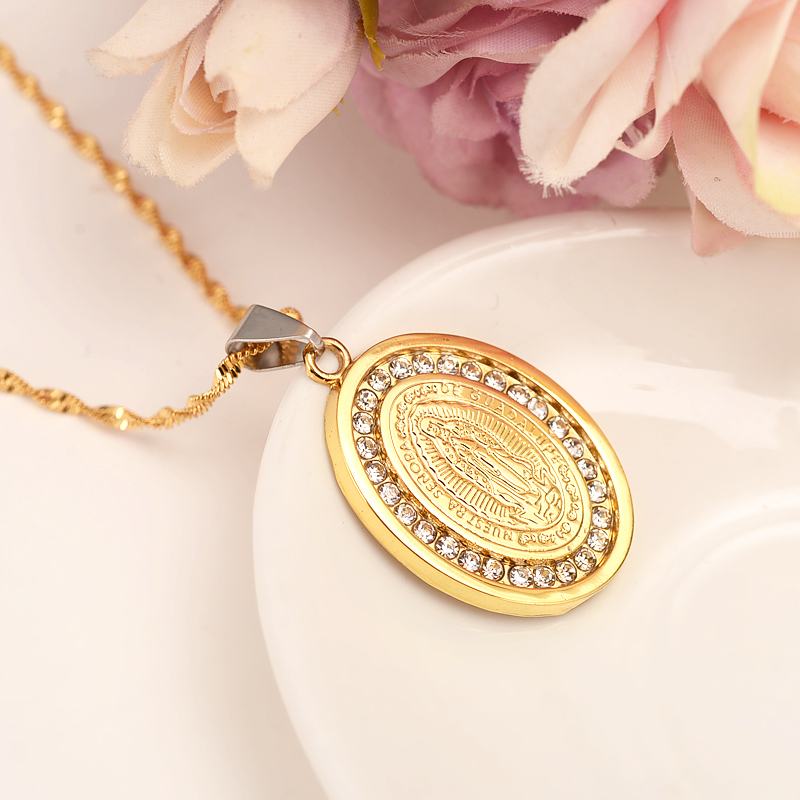 Religious Jewelry Statement Necklace Punk Women Men Accessories 9 k Fine Gold GF Chains Virgin Mary crystal cz Pendant Vintage
