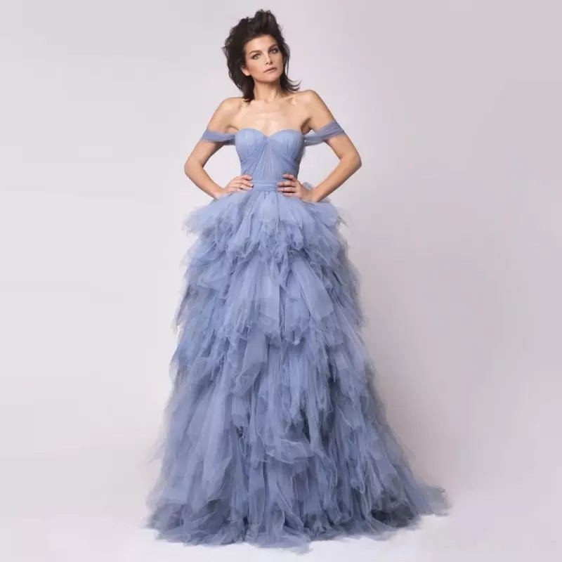 Dusty Blue Off Shoulder Evening Gowns 2016 Sweetheart A-line Tiered Ruffles Vintage Prom Party Dresses Custom Made