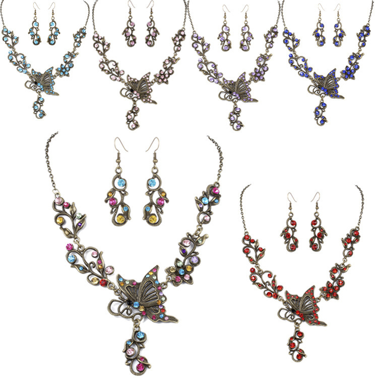 Low-cost wholesale bridal jewelry Rhinestone butterfly love flower earrings necklace Wild jewelry set