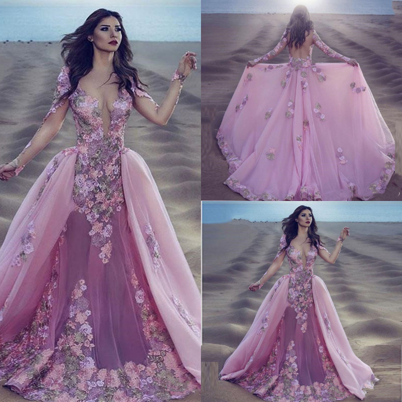 Beautiful Overskirt Prom Dresses Illusion Top Appliques 3d Floral Arabia Formal Evening Gowns Transparent Back Long Sleeve Plus Size Party