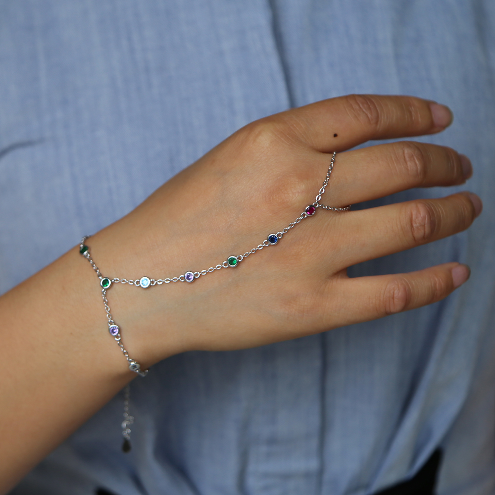 2018 women slave bracelet with ring rose gold silver plated colorful bezel cz link chain hand jewelry Behomia rainbow fashion bracelets