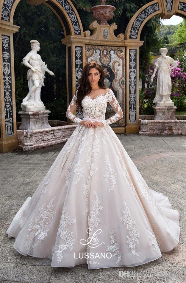 De Novia Vestido Plus Size Lussano Lace Dresses Illusion Button Back Long Sleeves Bridal Gowns A Line Sweep Train Wedding Dress