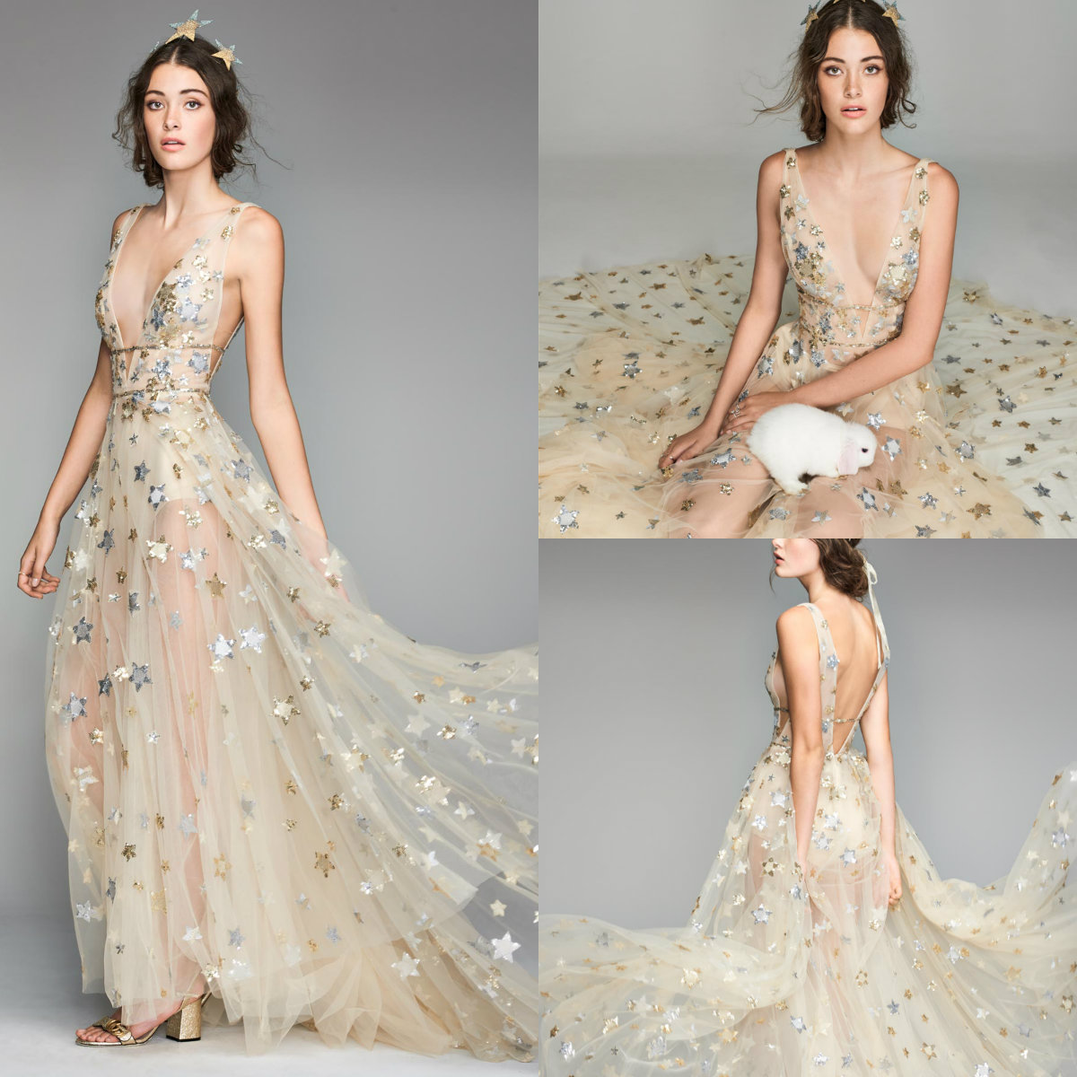 2018 Fairy Prom Dresses Bling Star Deep V Neck Sweep Train Sleeveless Formal Dress Party Evening robes de soirée Plus Size Evening Gown