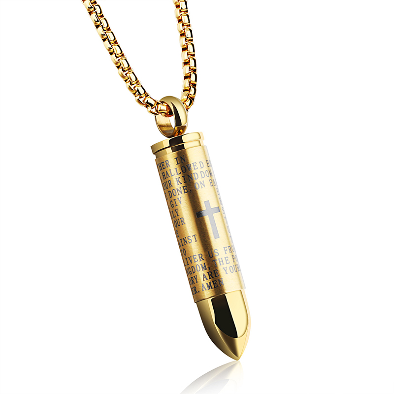 Hip Hop Bullet Cross Scripture Mens Necklace 316L Stainless Steel Pendant Necklace Jewelry Can be Unscrewed