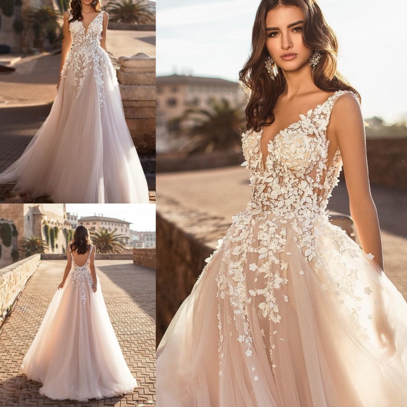 naviblue dolly v neck beach wedding dresses sexy backless 3d ral appliqued lace bridal gowns sweep train tulle vestido de novia