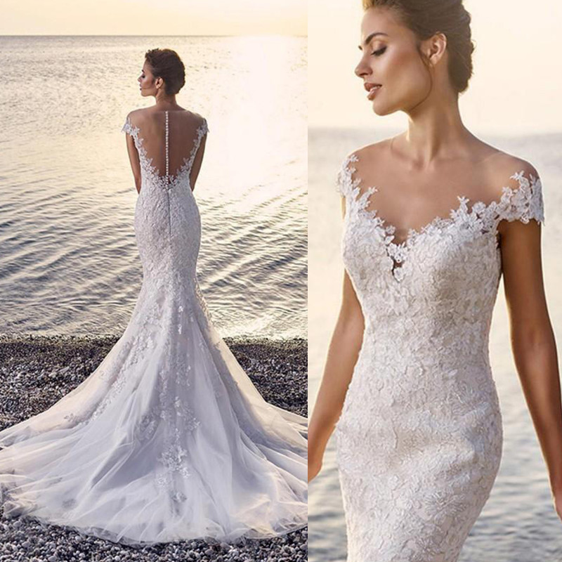 Illusion Beach Lace Mermaid Wedding Dress Sexy Fit and Flare See Through Back Appliques Tulle Bridal Gowns Sheer Shoulder Cap Sleeve Button, White
Illusion Beach Lace Mermaid Wedding Dress Sexy Fit and Flare See Through Back Appliques Tulle Bridal Gowns Sheer Shoulder Cap Sleeve Button, White