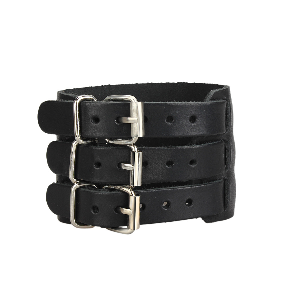Bluelans Punk Rock New 2 Layer Belt Men Genuine Cow Leather Bracelet 3 Buckle Wristband Cuff Bangle 00JK