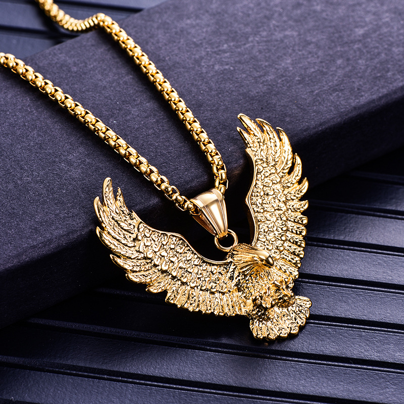 Elegant Golden Retro Eagle Hawk Wing Pendant for Men - Premium 316L Stainless Steel Chain