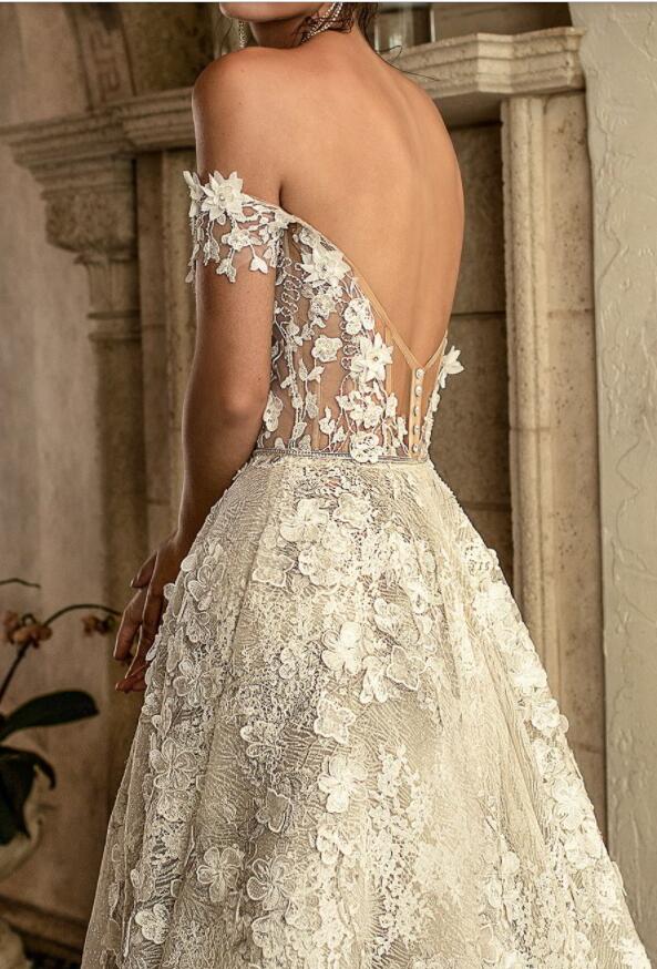 2019 Berta Wedding Dresses A Line Off Shoulder Lace 3D Floral Applique Sweep Train Backless Country Bridal Dress Beaded Boho Wedding Gowns