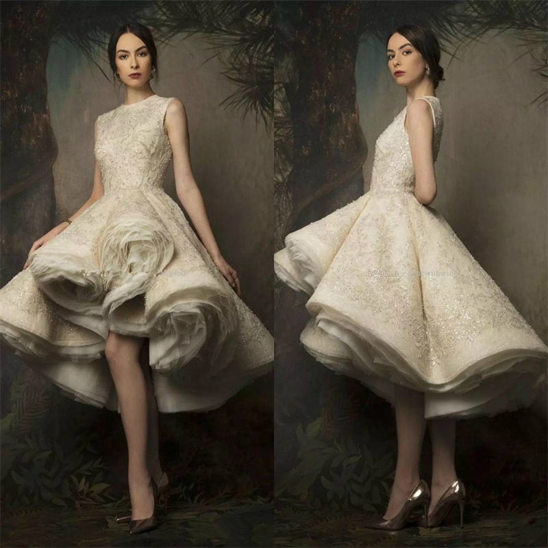 Krikor Jabotian High Low Prom Dresses 2019 Jewel Neck Lace Sequined Evening Gowns Sexy Women Formal Cocktail Dress
