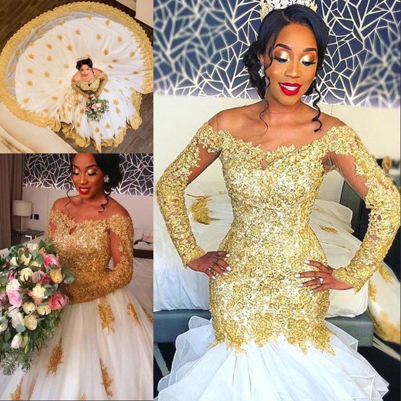 Luxury Golden Mermaid Wedding Dress With Detachable Train Crystal Beads Lace Applique Long Sleeve Bridal Dress Amazing Africa Wedding Dress, Black
Luxury Golden Mermaid Wedding Dress With Detachable Train Crystal Beads Lace Applique Long Sleeve Bridal Dress Amazing Africa Wedding Dress, Black