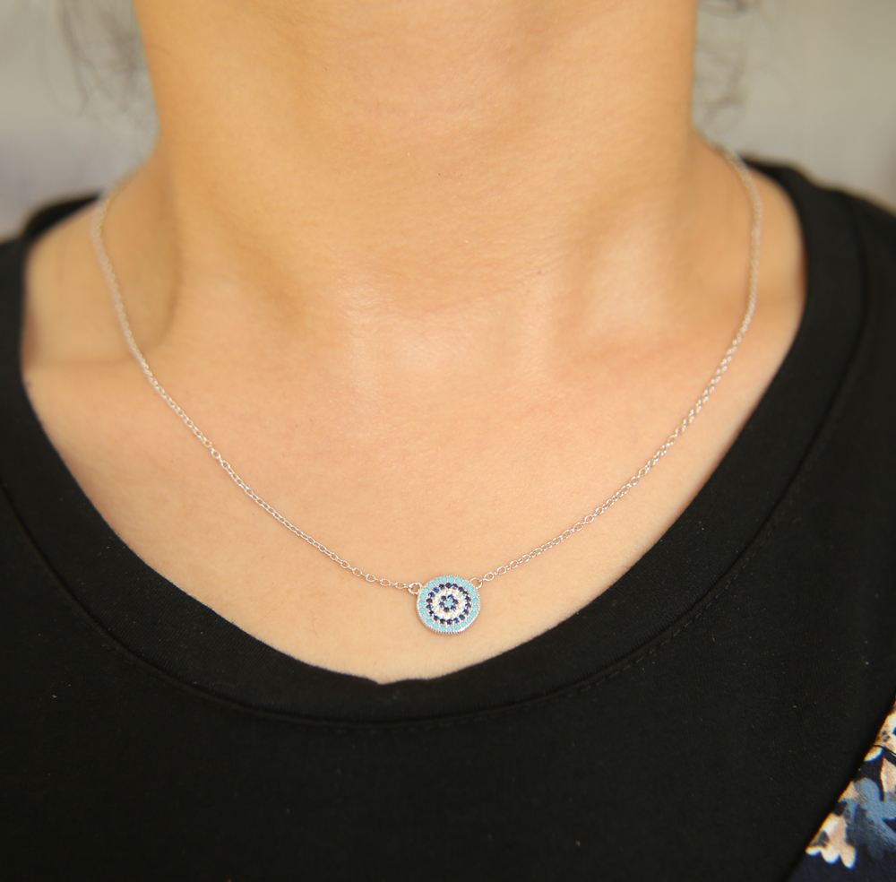 100% 925 sterling silver classic necklace round disk micro pave colorful cz turquoise evil eye charm lucky girl gift chain