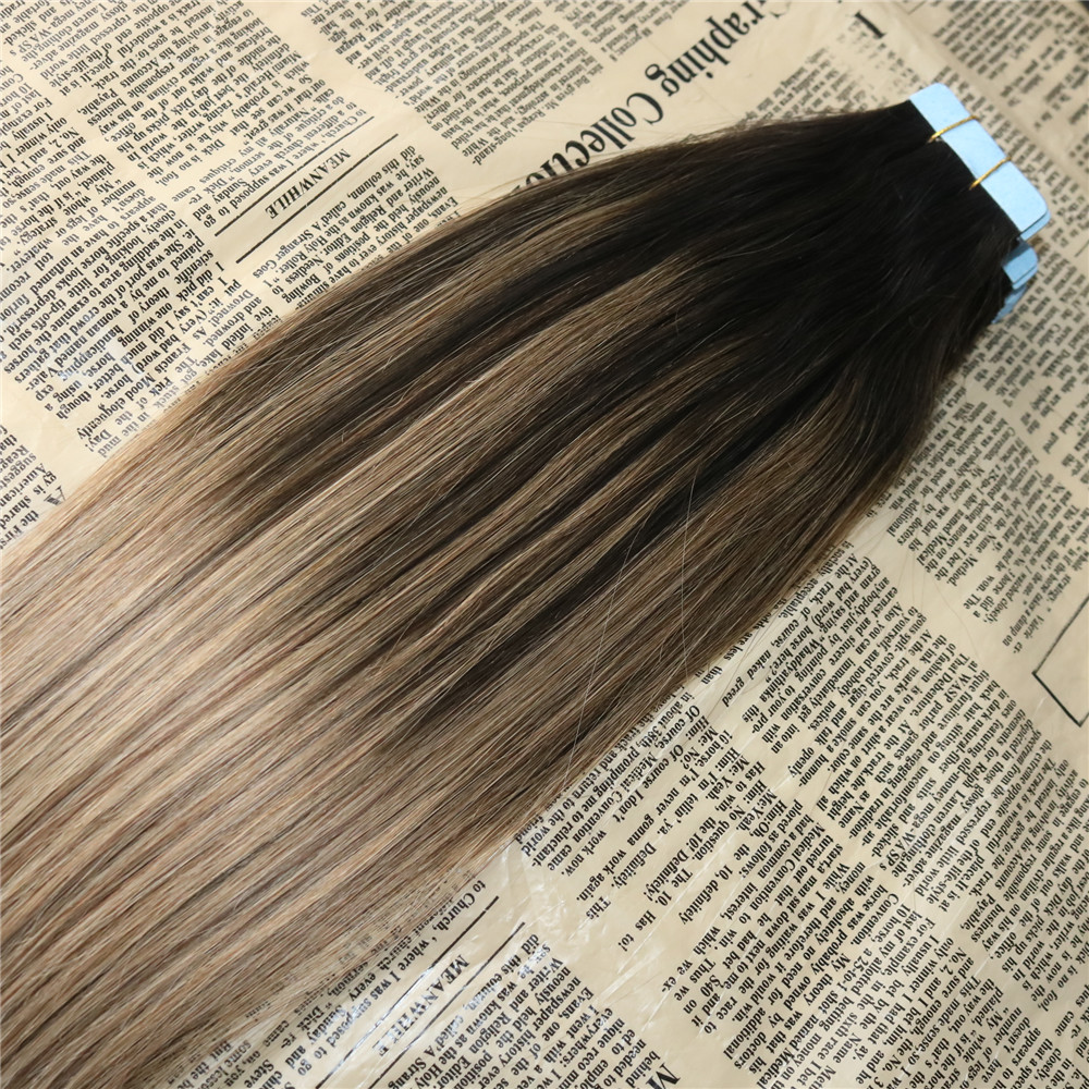 Ombre Color #2 Dark Brown fading to #6 Balayage Skin Weft Human Hair Extensions Tape in Extensons Slik Straight 40Pcs Tape on Hair