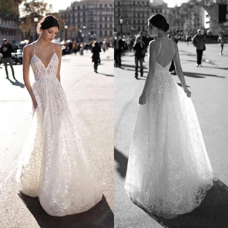Sexy Backless Wedding Dresses A Line Halter Deep V-Neck Lace Appliques Sequins Bridal Gowns Plus Size Wedding Dress, Ivory
Sexy Backless Wedding Dresses A Line Halter Deep V-Neck Lace Appliques Sequins Bridal Gowns Plus Size Wedding Dress, Ivory