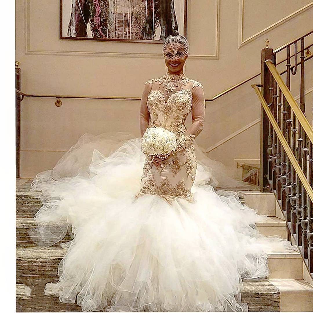 Africa Mermaid Wedding Dress With 2 Meter Tail High Neck Beads Applique Long Sleeves Bridal Gown Glamorous Sheer Back Fluffy Wedding Dresses