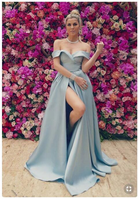 2019 Sexy Prom Dresses High Split Off The Shoulder Elastic Satin Sweep Train Formal Long Evening Dress Party Wear Women Robe De Soiree