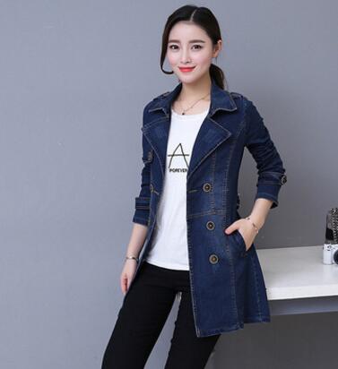 Autumn Women Casual slim Long Denim Trench Coat Female Boyfriend jean Overalls Plus Size Double-breasted Windbreaker coats y79