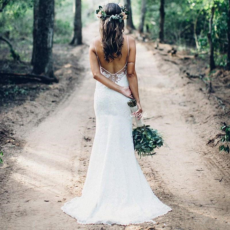 Charming Full Lace Pregnant Wedding Dresses Spaghetti Backless Mermaid Sweep Train Garden Country Bridal Gowns Plus Size Customized