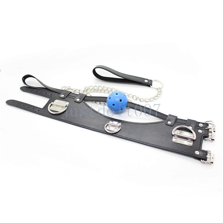 Bondage Neck Collar Choker Mouth Gag w/ Leash Chain Restraint Sexy Slave Buckled Leather #R45