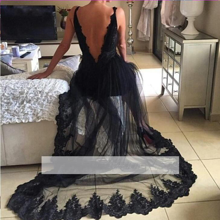 Sexy Black A-line Evening Gowns V-Neck Sheer Tulle Prom Dresses Backless Sheer Formal Party Wear Black Girls Party Dresses