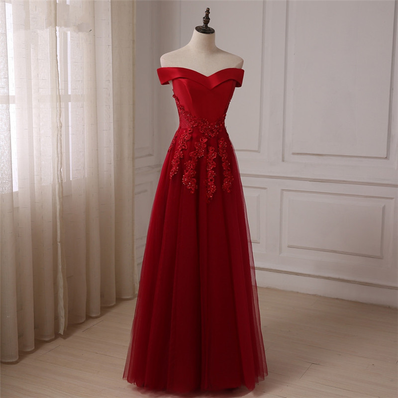 setwell Burgunday Bridesmaid Dresses Beaded Applique Off the Shoulder A-line Satin/ Tulle Bridesmaid Gowns Wedding Party Dress