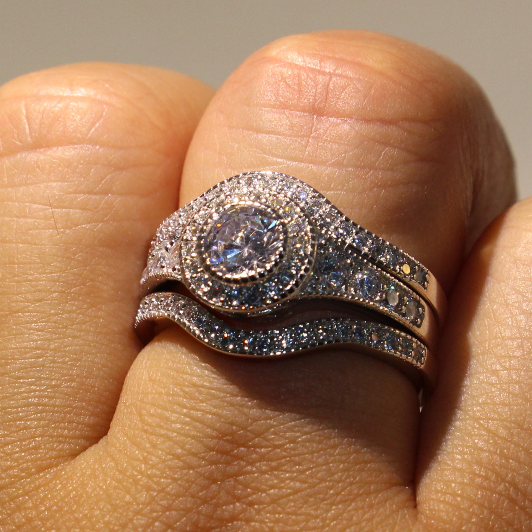 Size 5-11 Jewelry Pave Setting Princess Cut 10kt white gold filled CZ Simulated Diamond Topaz 3 IN 1 Women Wedding Engagement Ring set gift