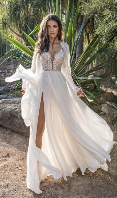 asaf dadush boho dresses with long sleeve wrap side split beach chiffon bohemia bridal gowns beaded lace wedding dress