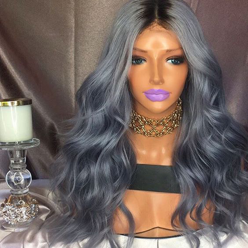 180% Density Body Wave Ombre Wig High Temprature Hair Lace Front Wig With Dark Roots grey Wigs For Women