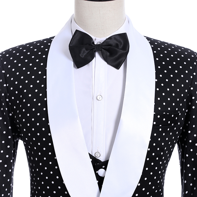 Excellent Black white point Groom Tuxedos One Button Side Vent Groomsmen Blazer High Quality Men Business Prom Suit(Jacket+Pants+Tie+Vest)