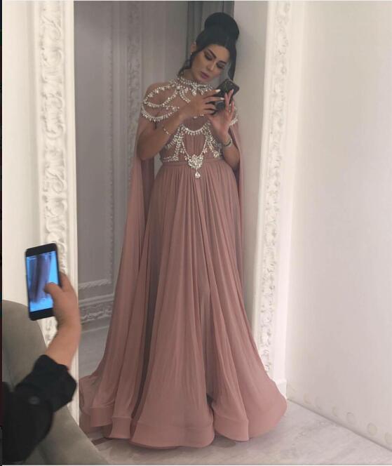 Soft Dusty Pink 2019 Prom Dresses Long Sleeves High Neck Beaded A Line Evening Gowns Sexy Illusion Formal Party Dress