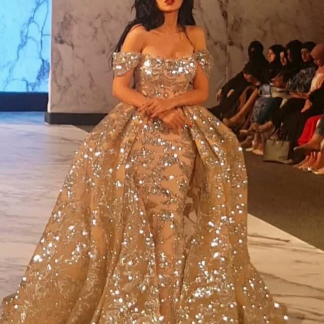 Dubai Golden Mermaid Prom Dresses With Overskirt Sparkly Sequins Beads Off Shoulder Celebrity Party Dress Gorgeous Saudi Arabia Evening Dres
