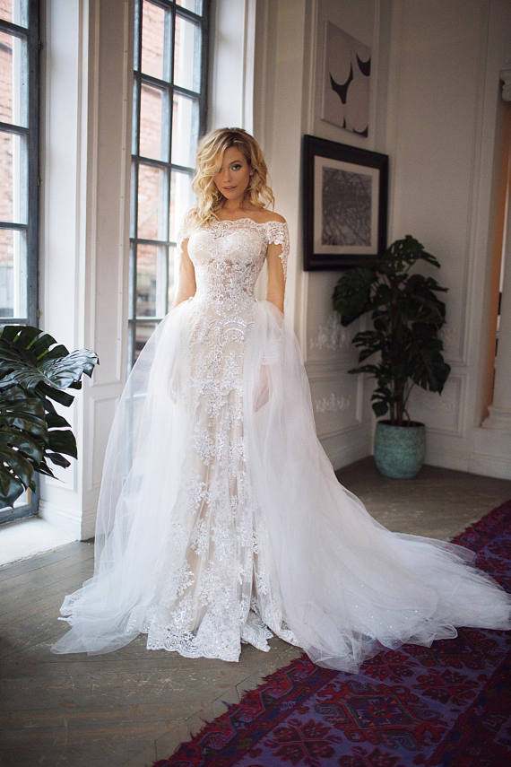 Sexy Mermaid Wedding Dresses With Detachable Skirt Lace Off The Shoulder Appliques Gorgeous Country Wedding Dress Sweep Train Plus Size Gown