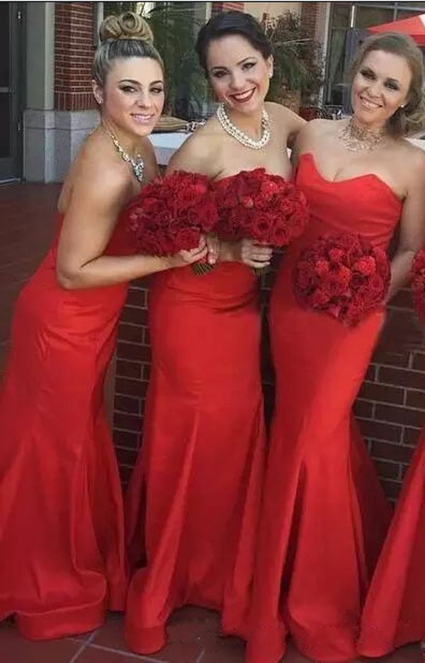 Spring 2019 Elegant Red Bridesmaids Dresses in China Sweetheart Fitted Sweep Train Wdding Party Dresses for Women