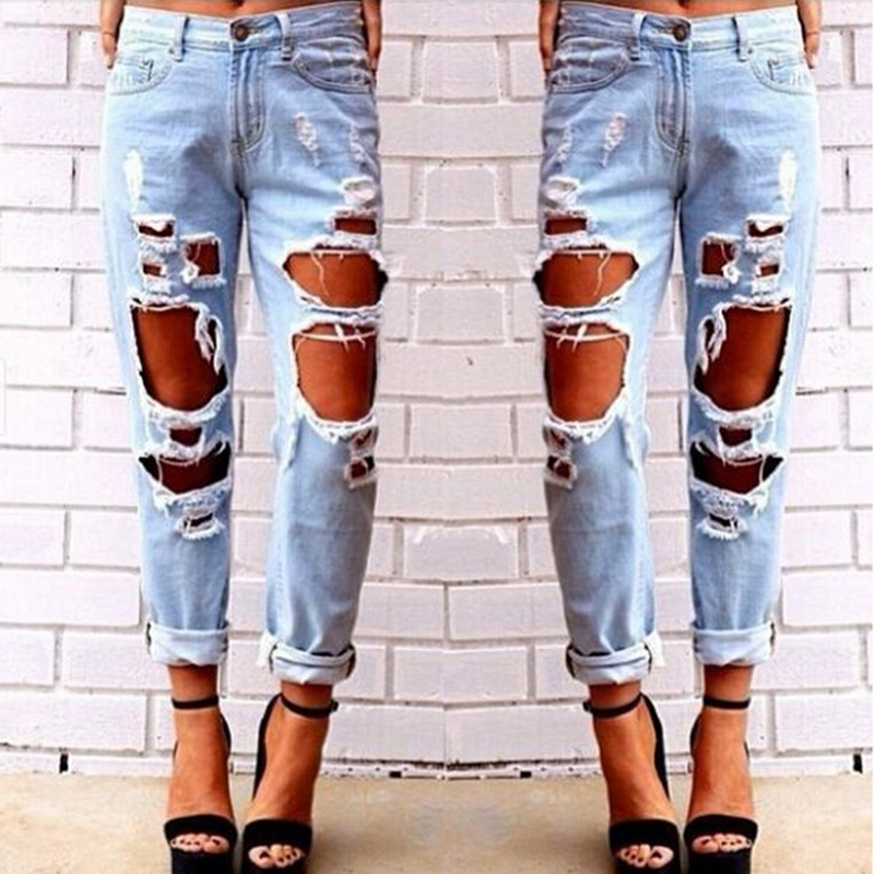 New Boyfriend Hole Ripped Jeans Women Pants Cool Demin Loose Vintage Jeans For Girl Mid Waist Casual Pants Female, Light blue 
New Boyfriend Hole Ripped Jeans Women Pants Cool Demin Loose Vintage Jeans For Girl Mid Waist Casual Pants Female, Light blue