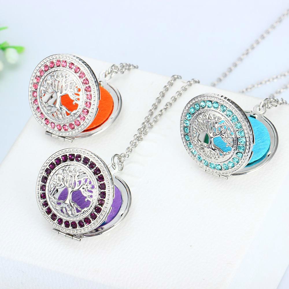 Crystal Tree Of Life Aromatherapy Essential Oil Diffuser Necklace Perfume Open Lockets Chains With Refill Pads Jewlery Women Drop Necklaces