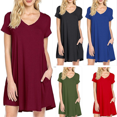 Solid Dress Cotton Summer V-Neck Short Sleeves With Big Pocket Design Casual Women Dresses Bohemian Boho Dress