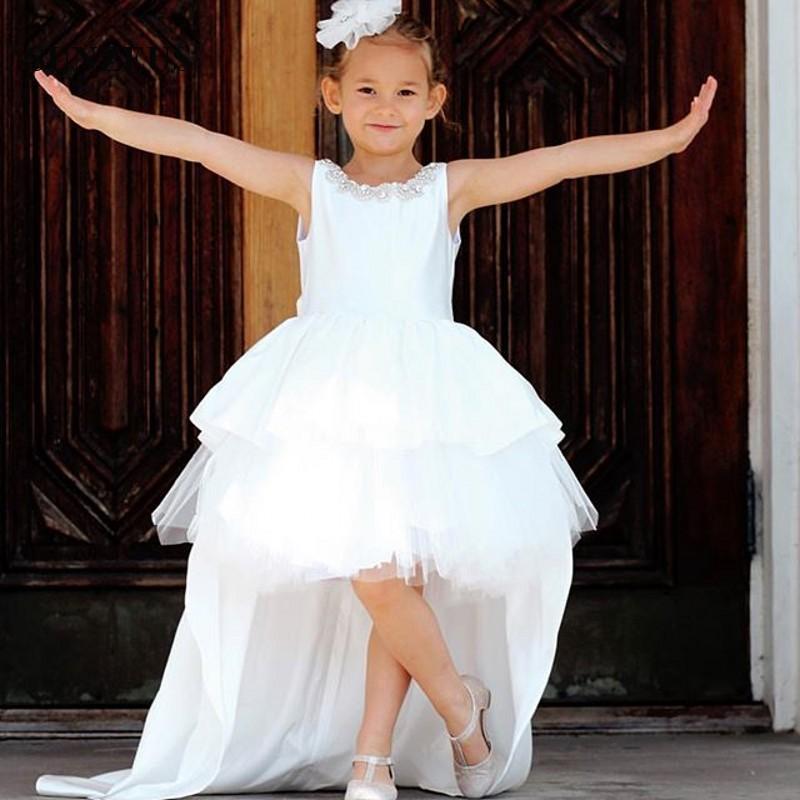 White Flower Girls Dresses For Weddings Jewel Neck High Low Tiered Tulle Beads Tutu Infant Birthday Party Dresses Custom Made Girls Pageant