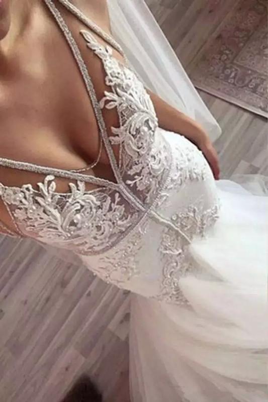Sexy Mermaid Wedding Dresses V Neck Lace Appliques Backless Sweep Train Boho Wedding Dress Sweep Train Beaded Plus Size Bridal Gowns