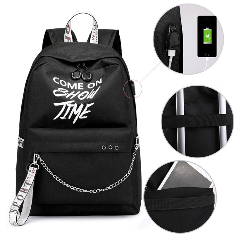 Winmax Luminous USB Charge Women Backpack Fashion Letters Print School Bag Girls Teenager Chain Backpack Bolsa Mochila Sac A Dos Y18110202