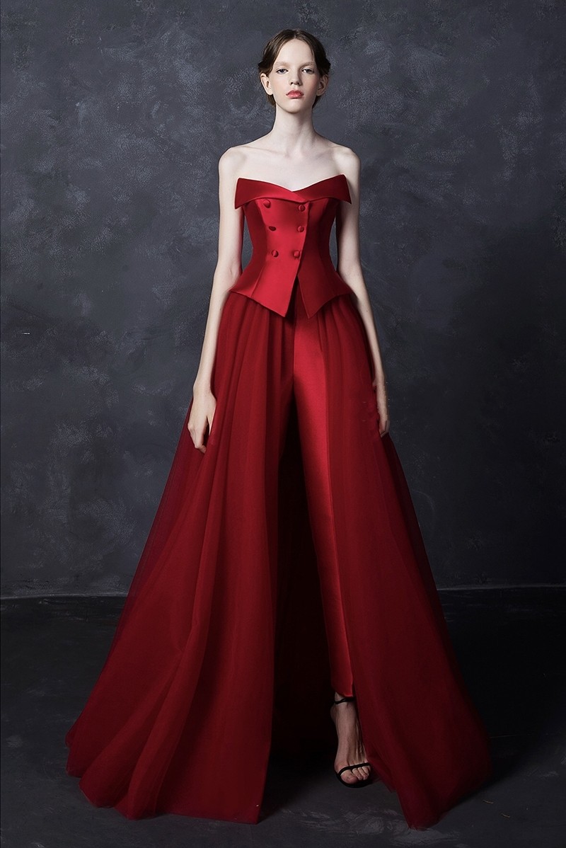 Women Dresses With Long Train Pants Red Evening Gowns Two Pieces Strapless Sweep Train Zuhair Murad Prom Dress Vestidos Festa Satin Tulle