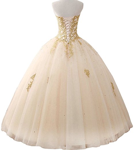 2021 Stock Gold Appliques Ball Gown Quinceanera Dress Sparkle Crystal Tulle Floor-length Sweet 16 Debutante Prom Party QC1122