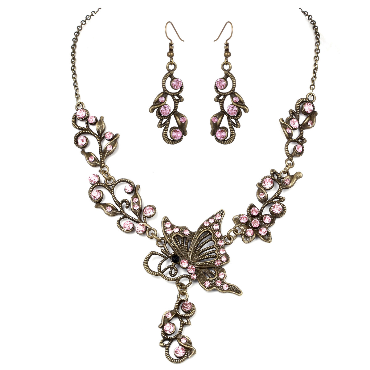 Low-cost wholesale bridal jewelry Rhinestone butterfly love flower earrings necklace Wild jewelry set